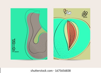 Retro flat colored organic food flyer template. Hand drawn fruit line logo design. Cartoon calligraphic line vegetable with smooth curves grange textured.  Healthy eating brochure layout.
