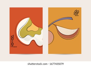 Retro flat colored organic food flyer template. Hand drawn fruit line logo design. Cartoon calligraphic line vegetable with smooth curves grange textured.  Healthy eating brochure layout.