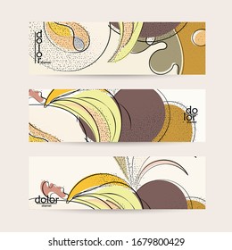 Retro flat colored organic food banner template. Hand drawn fruit line logo design. Cartoon calligraphic line vegetable with smooth curves grange textured.  Healthy eating web layout.