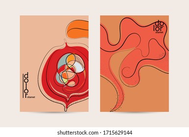 Retro flat colored organic food flyer template. Hand drawn fruit line logo design. Cartoon calligraphic line vegetable with smooth curves grange textured.  Healthy eating brochure layout.