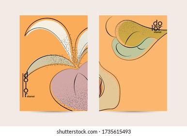 Retro flat colored organic food flyer template. Hand drawn fruit line logo design. Cartoon calligraphic line vegetable with smooth curves grange textured.  Healthy eating brochure layout.