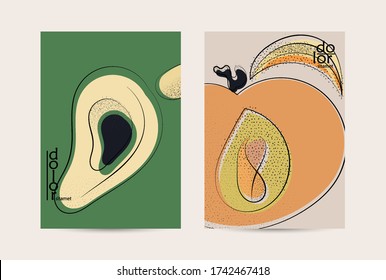 Retro flat colored organic food flyer template. Hand drawn fruit line logo design. Cartoon calligraphic line vegetable with smooth curves grange textured.  Healthy eating brochure layout.