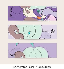 Retro flat colored organic food banner template. Hand drawn fruit line logo design. Cartoon calligraphic line vegetable with smooth curves grange textured.  Healthy eating web layout.