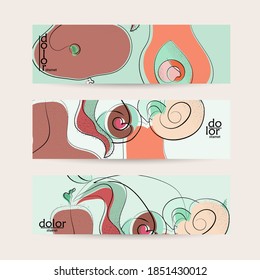 Retro flat colored organic food banner template. Hand drawn fruit line logo design. Cartoon calligraphic line vegetable with smooth curves grange textured.  Healthy eating web layout.