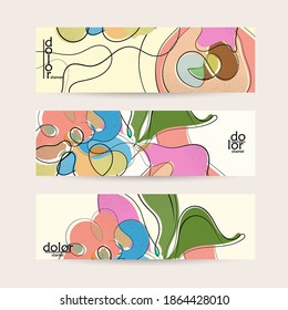 Retro flat colored organic food banner template. Hand drawn fruit line logo design. Cartoon calligraphic line vegetable with smooth curves grange textured.  Healthy eating web layout.