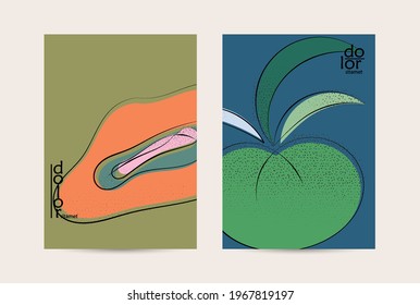 Retro flat colored organic food flyer template. Hand drawn fruit line logo design. Cartoon calligraphic line vegetable with smooth curves grange textured.  Healthy eating brochure layout.