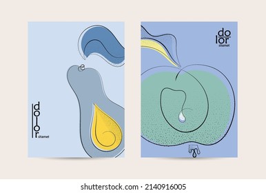 Retro flache, farbige Flyer-Vorlage für Bio-Lebensmittel. Handgezeichnetes Logo der Fruchtlinie. Kalligrafisches Cartoon-Gemüse mit glatten Kurven grange strukturiert.  Gesundes Essen Broschürenlayout.