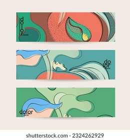 Retro flat colored organic food banner template. Hand drawn fruit line logo design. Cartoon calligraphic line vegetable with smooth curves grange textured.  Healthy eating web layout.