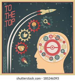 Retro Flat Design Businessman Head Thought Idea Generation Gear Wheel Icons Space Background Vector Illustration