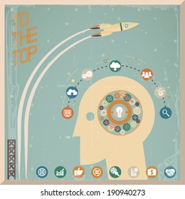 Retro Flat Design Businessman Head Thought Idea Generation Gear Wheel Icons Space Background Vector Illustration