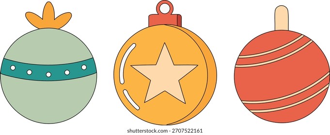 Retro flaches Design Weihnachtsbaumschmuck mit Sternen und Streifen für Feiertagsgrußkarten