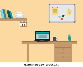 Retro flat design office with table and laptop and many business supplies