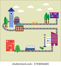 Retro flat design urban bright daytime cityscape.  Vintage aerial view of a roundabout, asphalt road junction with trees, bushes, vehicles,  tower, residence, street lamp, and office buildings.