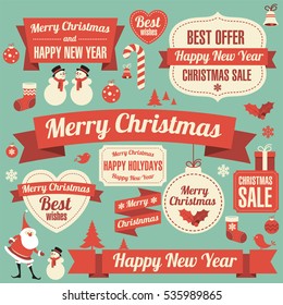 Retro flat design vintage Christmas and New Year greeting card vector template with flat design decoration elements set -- Santa, showman and snowflake