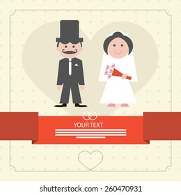 Retro Flat Design Wedding Card Vector Illustration