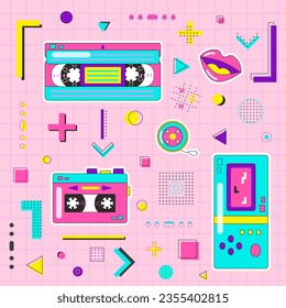 Retro flat elements set on pink background. Vector concept of electronic devices in vintage style. Positive illustration of cute old-style game console and cassette player for poster or sticker design