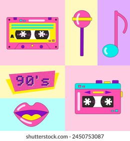 Retro flat elements set on color background. Vector concept of electronic devices in vintage style. Positive illustration of cute old-style cassette and cassette player for poster or sticker design