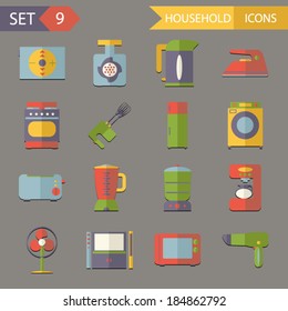 Retro Flat Household Icons and Symbols Set Vector Illustration