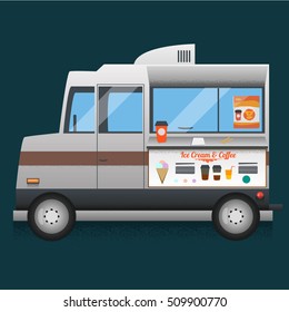 Retro Flat Ice Cream Coffee Van, Food Truck, Food Delivery, Cafe. Isolated Vector Flat Illustration