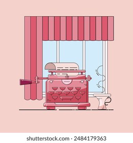 the retro flat icon pink isolated typewriter with a view through the window for cards, stikers, posters, posts, illustrations. the vintage vector illustrationwith the pink old typewriter