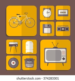 Retro flat icons in orange color. Vector illustration.