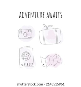 Retro flat illustration with travel set on white background.