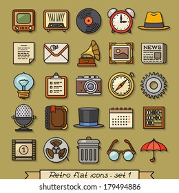 Retro flat line icons - set 1