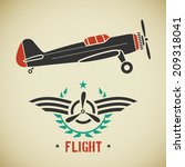 Retro flat looking plane and emblem with wings and propeller
