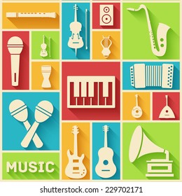Retro flat music instruments icons pictograms background concept. Vector illustrator for web and mobile template
