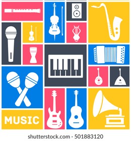 Retro flat music instruments icons pictograms background concept. Vector illustrator for web and mobile template