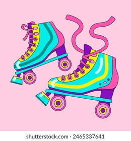 Patines de rodillos cuadrados planos retro sobre fondo cuadrado rosa. Par de equipo deportivo de arte pop dibujado a mano en estilo vintage. Ilustración aislada positiva de los patines de rodillos del viejo estilo lindo para el concepto o el póster