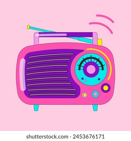 Retro flat radio device on pink square background. Portable wave receiver in vintage style with antenna. Positive illustration of cute old style broadcast color music station for advertising or poster