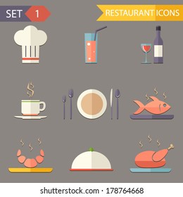 retro flat restaurant Icons and Symbols set vector