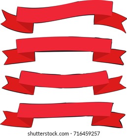 Retro Flat Ribbon Red Decorative Banners with Contour Vector Collection On White Background