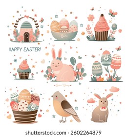 retro flat set of easter decor elements with gradient effect. vector simple vintage group with easter details. retro flat easter template for posters, cards, backgrounds. limited palette easter cards
