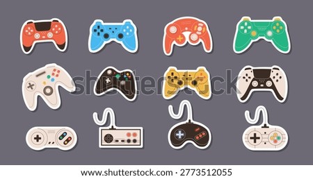 Retro flat sticker gamepad collection with videogame controller, y2k joystick and gadget. Colorful console and video game sticker pack, ideal for entertainment vintage themed designs.