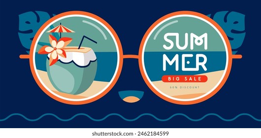 Retro flat summer big sale poster with round sunglasses silhouette and pina colada cocktail. Vector illustration