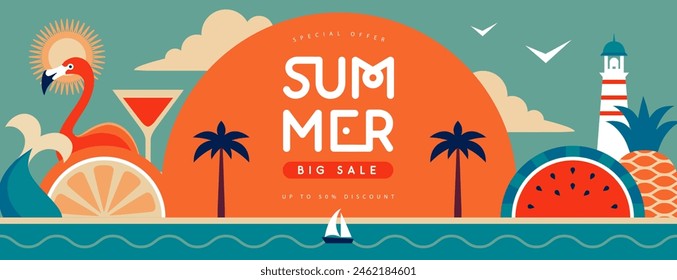 Retro flat summer big sale poster with flamingo, tropic fruits and mermaid tail. Vector illustration