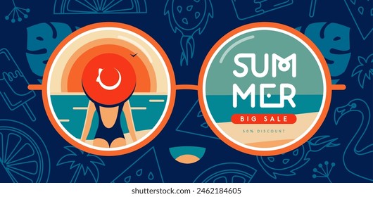 Póster retro de gran venta de verano plano con silueta redonda de gafas de sol y playa tropical. Ilustración vectorial