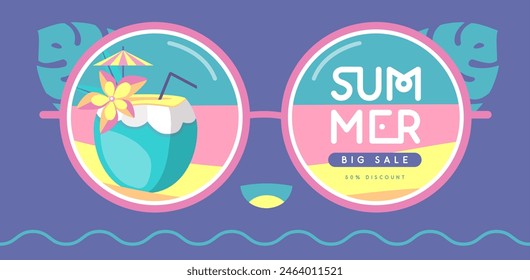 Retro flat summer big sale poster with round sunglasses silhouette and pina colada cocktail. Vector illustration