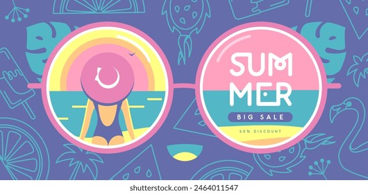 Retro flat summer big sale poster with round sunglasses silhouette and tropic beach. Vector illustration