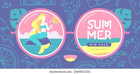 Retro flat summer big sale poster with round sunglasses silhouette, mermaid and cocktail. Vector illustration