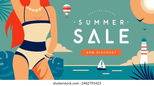 Retro flat summer big sale poster with beautiful girl in swimsuit on beach background. Vector illustration