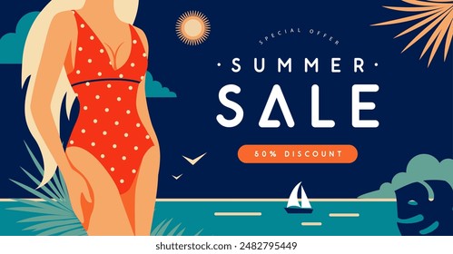 Retro flat summer big sale poster with beautiful girl in swimsuit on beach background. Vector illustration
