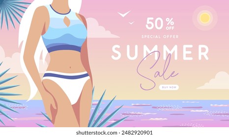 Retro flat summer big sale poster with beautiful girl in swimsuit on beach background. Vector illustration