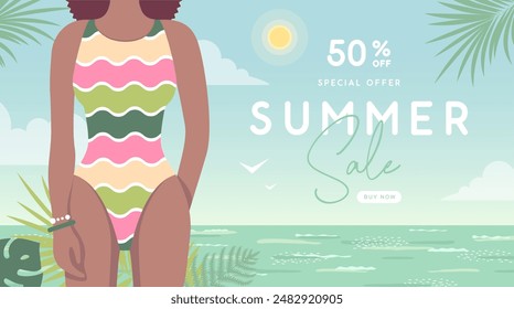 Retro flat summer big sale poster with beautiful girl in swimsuit on beach background. Vector illustration