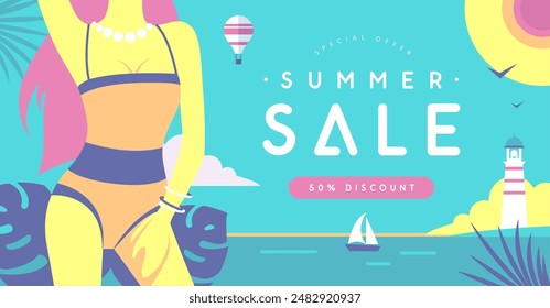 Retro flat summer big sale poster with beautiful girl in swimsuit on beach background. Vector illustration