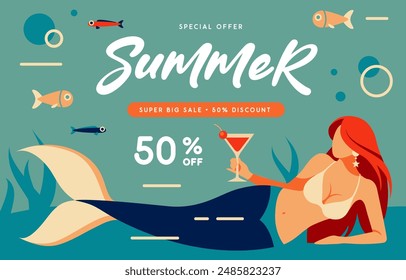 Retro flat summer big sale poster with mermaid and cocktail under the sea. Vector illustration