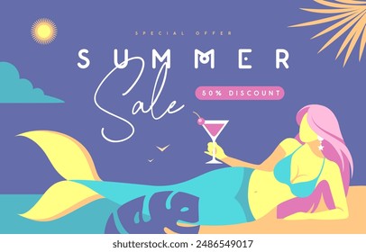 Retro flat summer big sale poster with mermaid and cocktail on beach background. Vector illustration