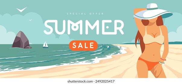 Retro flat summer big sale poster with beautiful girl in swimsuit on tropic beach  background. Vector illustration